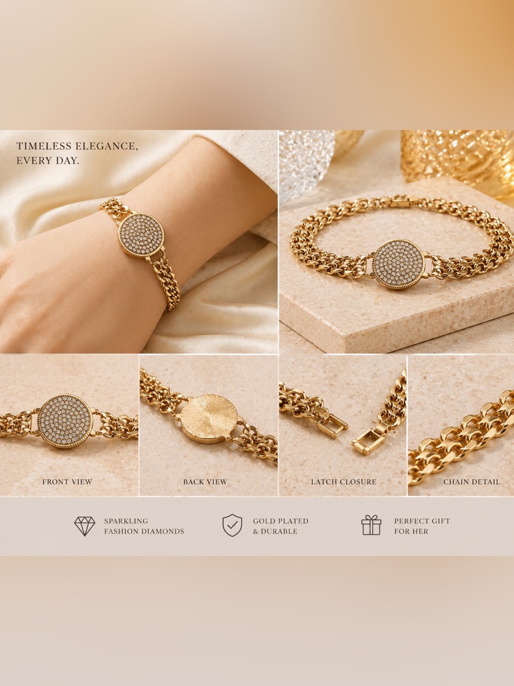 Gold Pavé Crystal Round Link Bracelet for Women
